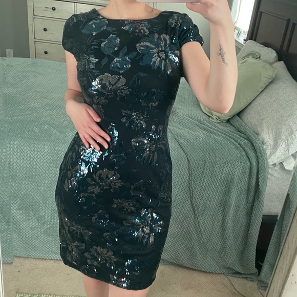 Calvin Klein Blue Floral Sequin Dress With Cowl Back Detail - Picture 3 of 14